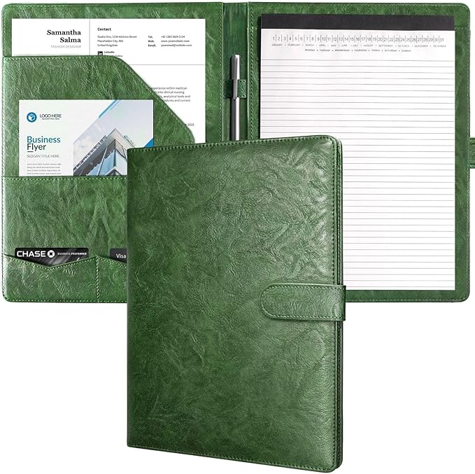 Mymazn Padfolio Portfolio Folder, Faux Leather Interview Resume Folder with Document Organizer & Business Card Holder, Letter-Sized Notepad Legal Pad Holder for Men Women (Green)