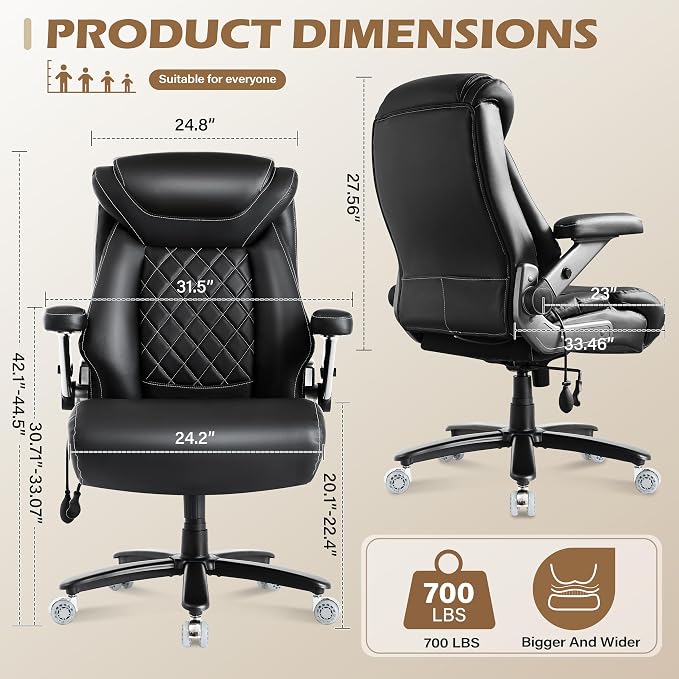 700lbs Big and Tall Office Chair, Ergonomic Heavy Duty Executive Cloth Office Chair with 5D Flip Arms & Adjustable Lumbar Support & Dual Rubber Wheel, Large Thick Padded Extra Wide Seat, Black