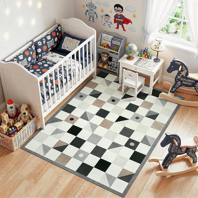 Terrug Grey and Beige Geometric Checkered Rug for Bedroom, 4x6 Area Rugs Washable with Non Slip for Living Room, Soft Low Pile Stain Resistance Carpet for Kids Room