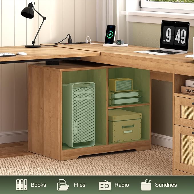 YOMILUVE 66 inch Rattan L Shaped Standing Desk with Storage for Home Office | Corner Electric Standing Desk with Drawers ＆ Storage Shelves, Height Adjustable Computer Desk with Power Outlets, Oak