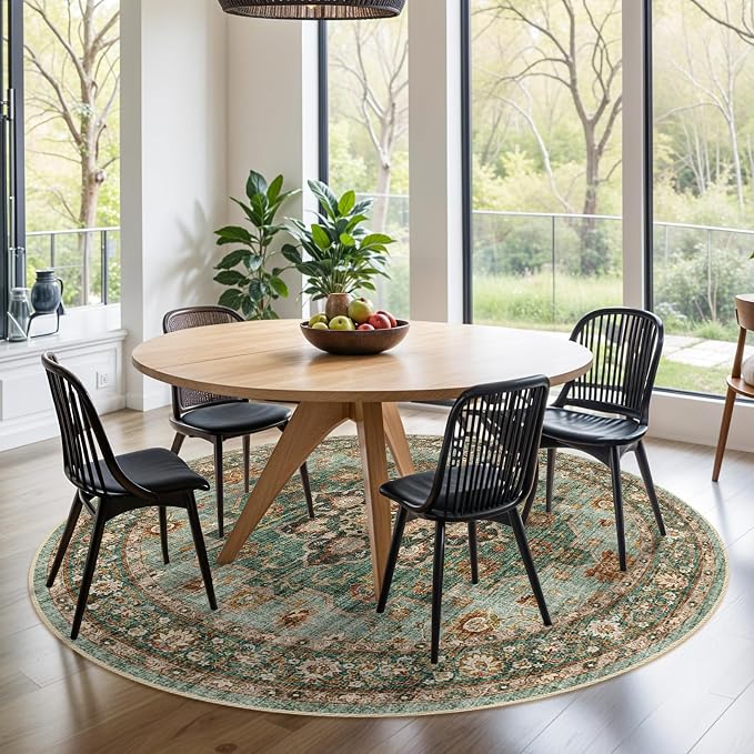 TOPRUUG Washable Oriental Area Rug - 8ft Round Rugs for Living Room Soft Carpet for Bedroom Waterproof Floral Distressed Indoor Stain Resistant Non-Shedding Floor Carpets (Green, 8ft-Round)