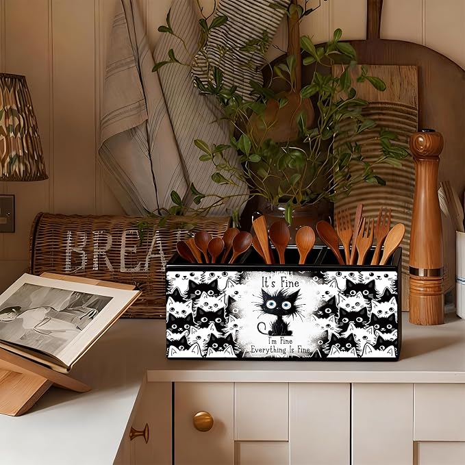 Funny Black Cat Pen Pencil Holder for Desk, Funny Office Gifts for Coworkers, Black Cat Gifts for Women, It's Fine Everything Is Fine Wooden Box Sign Decorations for Home Office Desk Tabletop
