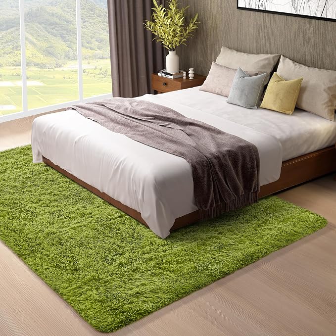 Ophanie Green Rugs for Living Room 5x8, Grass Shag Fluffy Large Fuzzy Plush Soft Carpets,Floor Shaggy Area Rugs for Bedroom, Carpet for Kids Boys Girls Dorm Nursery Decor with Over 99 pcs Pile fibers