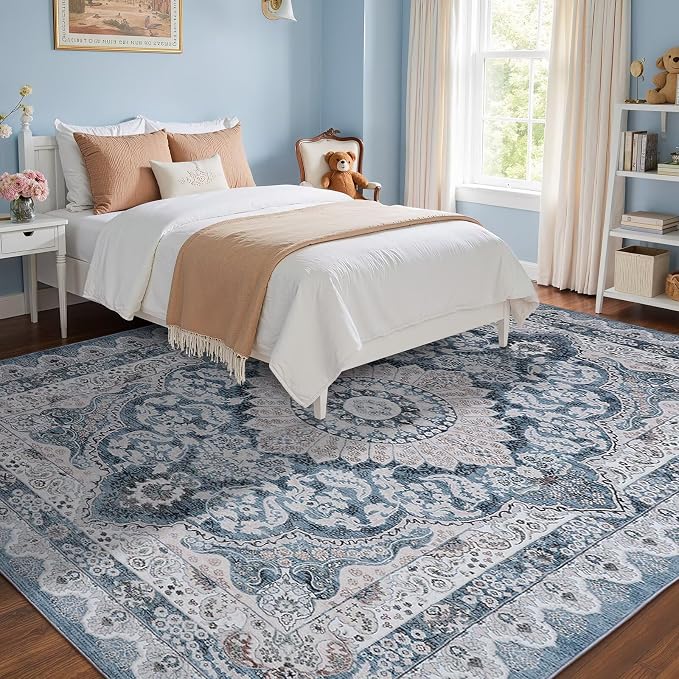 Macgace 8x10 Area Rug for Bedroom, Machine Washable Rugs with Non-Slip Backing for Living Room, Large Vintage Carpet Kitchen Laundry Kids Room Decor, Blue & Beige