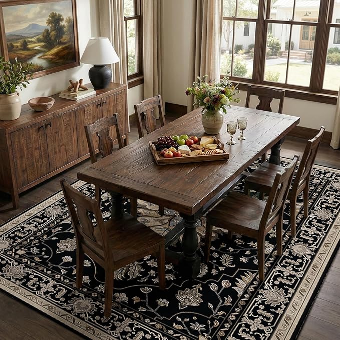 RELEANY Area Rugs Large 9'x12' Washable Non-Slip, Floral Vintage Distress Medallion Carpet for Living Room Bedroom Dining Room, Black Brown Neutral Dark Tan