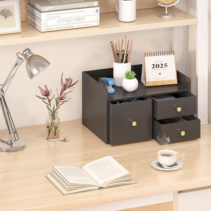 Bamboo Desk Organizer with Drawers,Wooden Desktop Storage (Black,3 Drawers) | 100% Bamboo 3 Pull-Out Drawers No Assembly Required Space-Saving Design