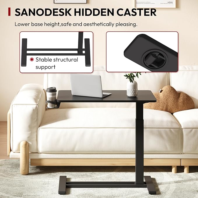 SANODESK 32'' Mobile Standing Desk with Hidden Wheels,Pneumatic Laptop Desk | Sofa Computer Cart Movable Height Adjustable Table Small Sit Stand Desk for Home Office Hospital Use,31.5" W x 17.7" D,Black