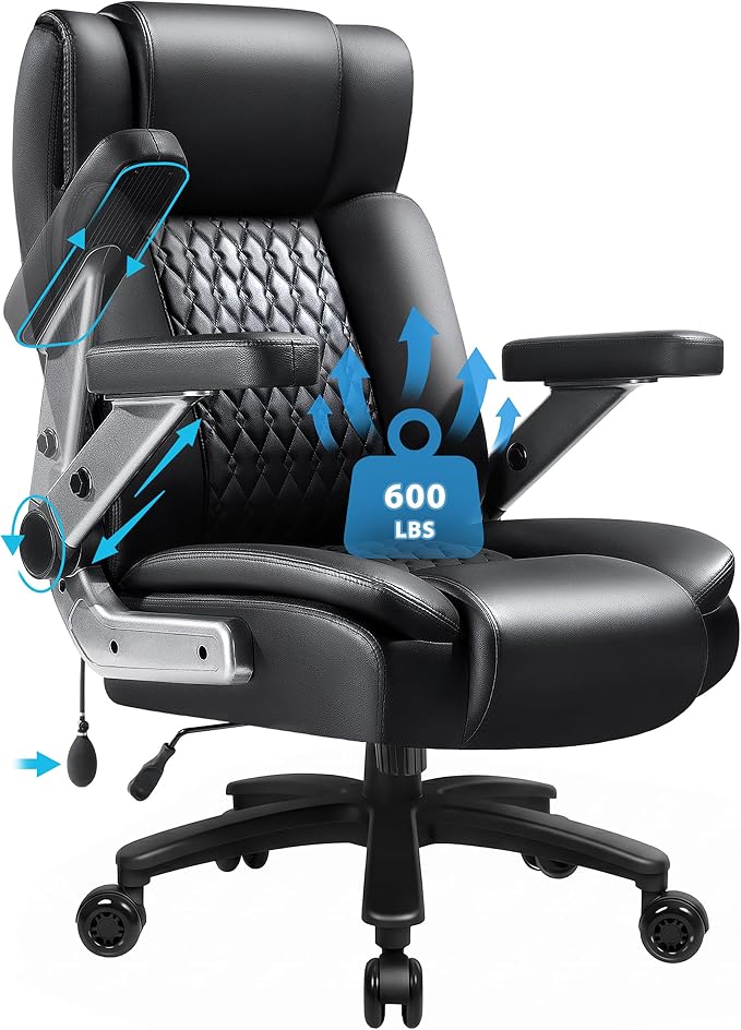 Big and Tall Office Chair 600lbs with 5D Flip Arms, Heavy Duty Executive Office Chairs, Ergonomic Desk Chair with Adjustable Lumbar Support & Rubber Wheels, PU Leather, Black