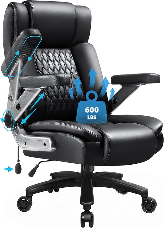 Big and Tall Office Chair 600lbs with 5D Flip Arms, Heavy Duty Executive Office Chairs, Ergonomic Desk Chair with Adjustable Lumbar Support & Rubber Wheels, PU Leather, Black
