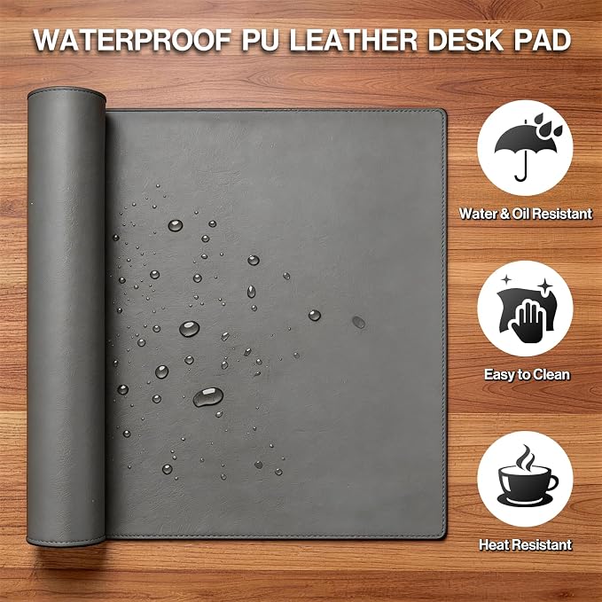 POCHAR Vegan Leather Desk Mat 31" x 16" - Desk Pad Protector for Desktop | Non-Slip PU Leather Dual-Sided Office Desk Blotter for Laptop Mouse Keyboard - Waterproof Writing Signing Pad, Gray
