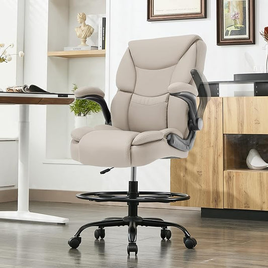 500LBS Drafting Chair, High Back Safer Standing Desk Chair, Executive Tall Office Chair with Flip-up Armrests, Upholstered PU Leather Task Chair, Ergonomic Seat with Adjustable Height&Foot Ring,Beige