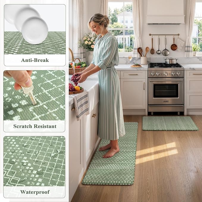 KIMODE Kitchen Mats for Floor Anti Fatigue Green Boho Kitchen Rugs Sets of 2 Cushioned Kitchen Floor Mats Comfort Standing Mat Geometric Laundry Room Rug for Bathroom Sink Office Desk 17"x47"+17"x29"
