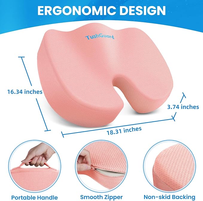 TushGuard Memory Foam Seat Cushion for Office Chair, Car Seat, Pink, XL | Office Chair Cushion for Car, Airplane - Chair Pad for Long Sitting Sciatica, Hip, Coccyx,Tailbone Pain Relief, Butt Pillow