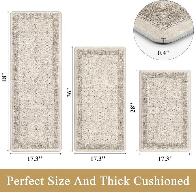 Pauwer Anti Fatigue Kitchen Floor Mats Set of 3, Cushioned Rugs, Khaki | Non Slip Comfort Standing Mat, PVC Foam Padded Kitchen Rugs, Waterproof Sink Rug for Small Kitchen Area, Laundry Room