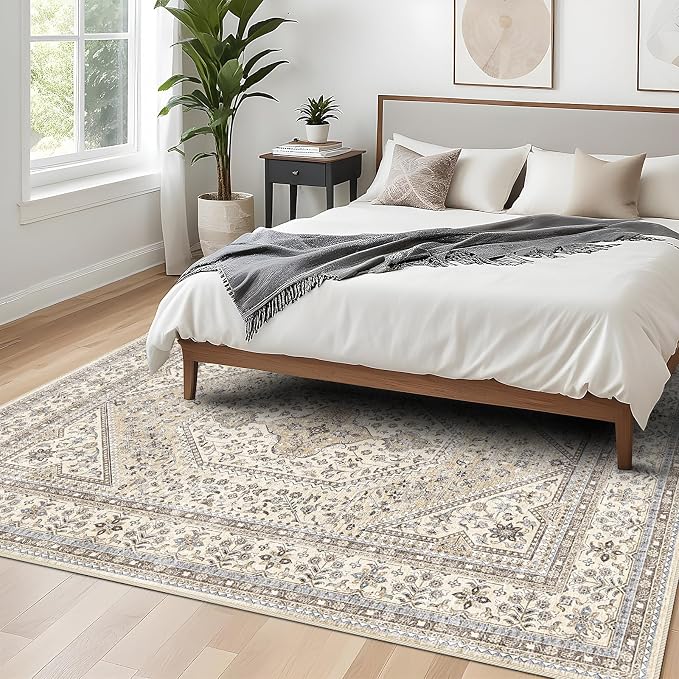 Puino 8x10 Washable Vintage Rug: Oriental Rugs for Living Room Non Slip Backing Stain Resistant Large Indoor Carpet for Bedroom Area Rug Dining Room Decor(Beige,8x10FT)