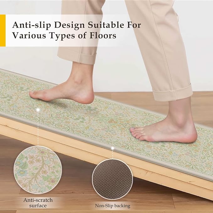 Kitchen Mats for Floor Thick Anti Fatigue Waterproof Vintage Spring Floral Kitchen Rugs 2PCS Cushioned Non Slip Green Comfort Standing Mats for Sink Laundry Office 17.3"×59"+17.3"×30"