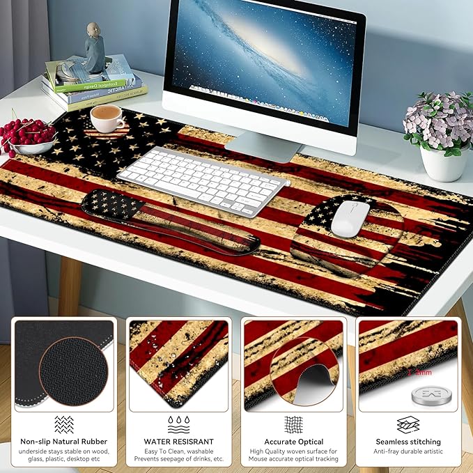 Large Mouse Pad with Wrist Support 4in1 Set, XXL Game Mousepad + Keyboard Wrist Rest+Mouse Wrist Rest+Coaster with Ergonomic Design Gaming Mat for Home Office Table Computer I Retro USA Flag