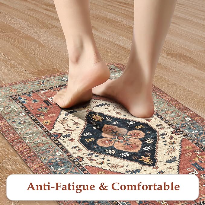 KIMODE Anti Fatigue Kitchen Mats for Floor,17.3" x 29" Vintage Red Cushioned Kitchen Rugs,Non-Slip Waterproof Kitchen Sink Standing Mat Wipe Clean for Kitchen Floor