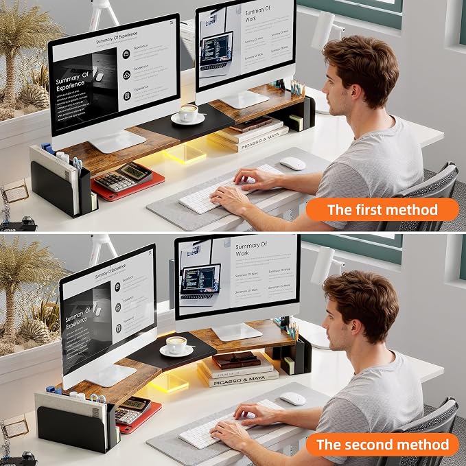 WESTREE Dual Monitor Stand Riser with Pen Holder, Computer Monitor Riser with Adjustable Angle and LED Light, Desktop Monitor Stand Riser Storage Organizer for Computer, Laptop, Printer, TV(Rustic Brown)