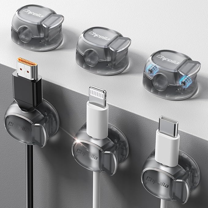 Chfeila 6 Pack Cable Clips, Dorm Room Essentials - Dual Spring Cord Organizer for Cubicle Decor, Cute Desk Organizers and Accessories, Teen Dorm Room Decor, Cubicle Accessories, Nightstand,Clear Black