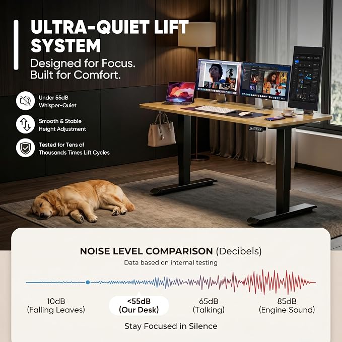 Furmax Electric Height Adjustable Standing Desk Large 55 x 24 Inches Sit Stand Up Desk Home Office Computer Desk Memory Preset with T-Shaped Metal Bracket, Maple