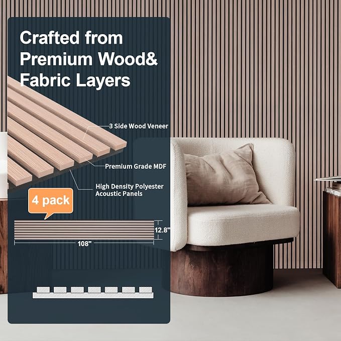 NeatiEase Wood Panels for Wall, 4-Piece 108" x 12.6" Soundproof Wood Slat Wall Panel for Interior Wall Decor Noise Cancelling, Acoustic Wall Panels, Sound Absorbing Panel (Rustic Oak)