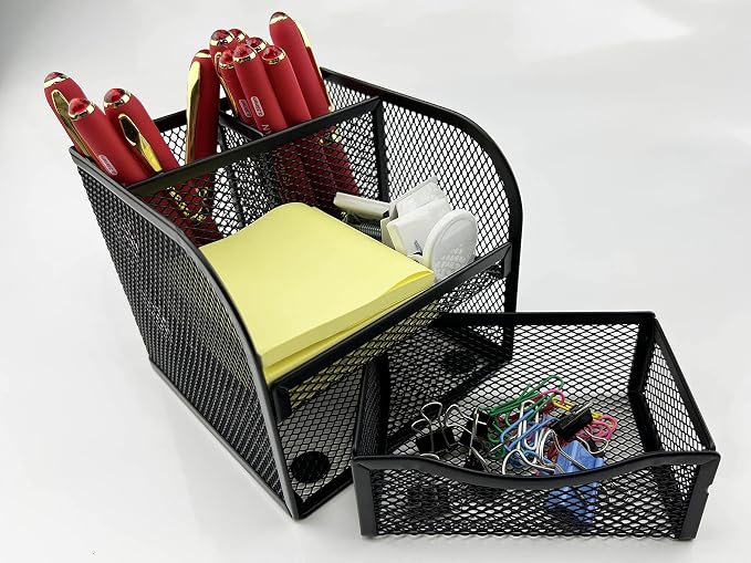 Fengtaiyuan T11, Black Square Metal Wire Mesh Pencil Holder, Pencil Cup, Pen Holder, Desktop Organizer, Office Storage Box (T11)