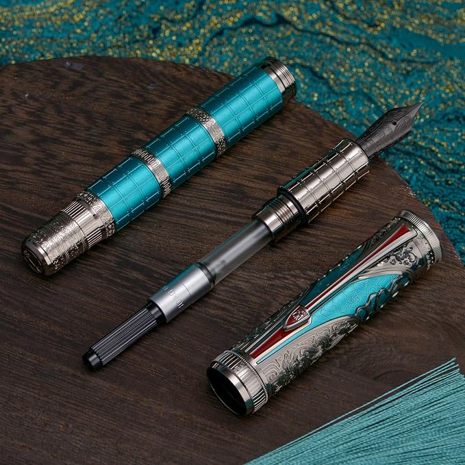 Hongdian D5X Fountain Pen Turquoise Extra Fine Nib, Qin Dynasty Retro Chinese Totem Engraving Smooth Writing Pen with Converter and Pen Box Set