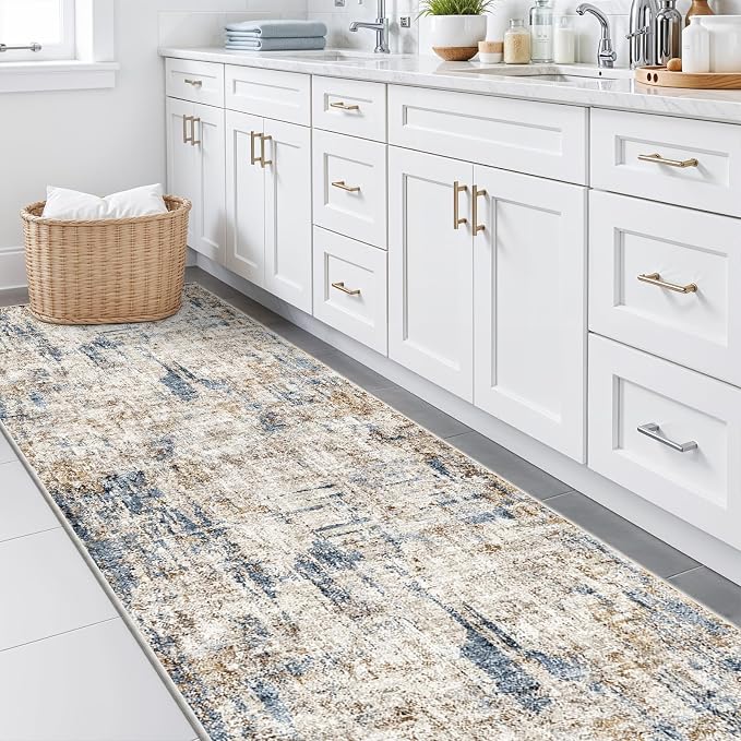 Long Runners for Hallways Non Slip - 3x10 Washable Kitchen Runner Rug Modern Abstract Wide Floor Carpet Runner for Indoor Entryway, Bedroom, Living Room （Blue Brown）