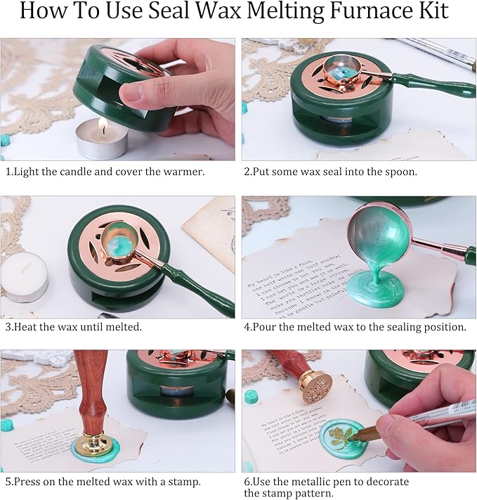 SWANGSA Wax Seal Warmer Kit, Sealing Wax Furnace with 2 Pens, Spoon and 2pcs Candles for Wedding Invitation Envelope Letter (Dark Green)