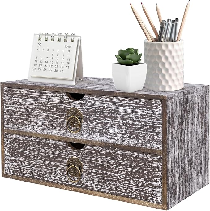 Wood Desk Organizer, Washed Brown Wooden Desktop Organizer with Drawer, Tabletop Storage Organization Box for Countertop, Home Office Supplies, Bills (2 Drawer)