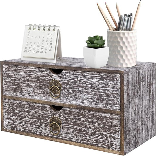 Wood Desk Organizer, Washed Brown Wooden Desktop Organizer with Drawer, Tabletop Storage Organization Box for Countertop, Home Office Supplies, Bills (2 Drawer)