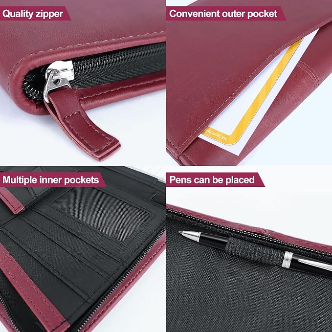 Mini Leather Zippered Padfolio Portfolio Binder 5 x 8 Legal Writing Pad, Professional Business Portfolio for Men & Women, Card Holder, Notepad Clipboard Holder, Red