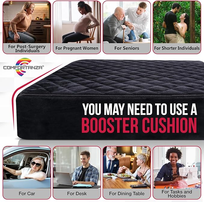 Booster Cushion for Adults - 16x16x4.5 Medium-Firm Seat Cushion for Home, Office, Wheelchair, Car - Washable Velvety Cover with Waterproof Layer & Removable Strap, Non-Slip Base - Beige