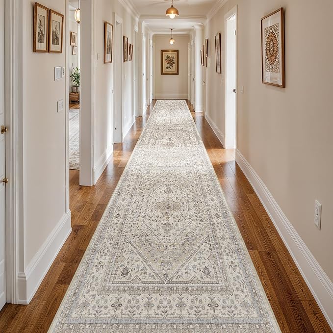 3x20 Runner Rug for Hallway Washable: Non Slip Kitchen Rugs with Rubber Backing Soft Waterproof Mats Stain Resistant Indoor Vintage Carpet Runner for Bedroom Bathroom Laundry Entryway Beige/Gray