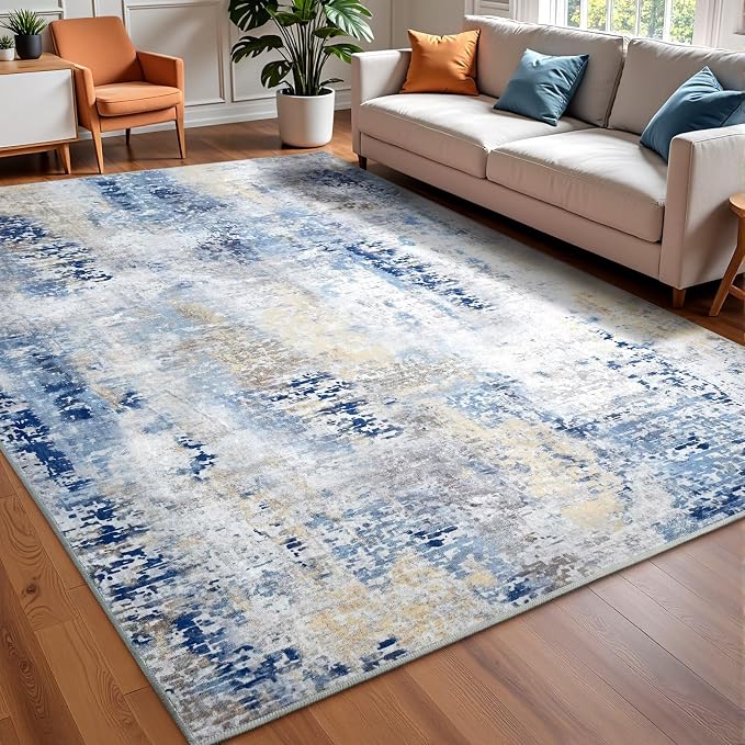 Macgace Washable Abstract Rug, 5x7 Modern Area Rugs with Non-Slip Rubber Backed for Living Room, Thin but Soft Contemporary Carpet Kitchen Bedroom Dining Room Decor, Midnight Blue