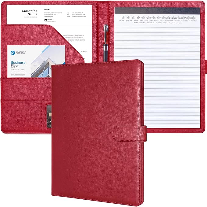 Mymazn Padfolio Portfolio Folder, Faux Leather Interview Resume Folder with Document Organizer & Business Card Holder, Letter-Sized Notepad Legal Pad Holder for Men Women (Dark Red)