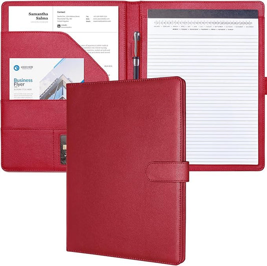 Mymazn Padfolio Portfolio Folder, Faux Leather Interview Resume Folder with Document Organizer & Business Card Holder, Letter-Sized Notepad Legal Pad Holder for Men Women (Dark Red)