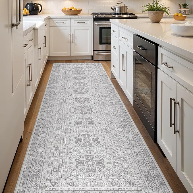 3x12 Runner Rug Kitchen Washable: Oriental Indoor Hallway Runners with Non Slip Backing Floor Mat for Entryway Door Low Pile Thin Carpet for Bedroom Bathroom Living Room Bedside Grey