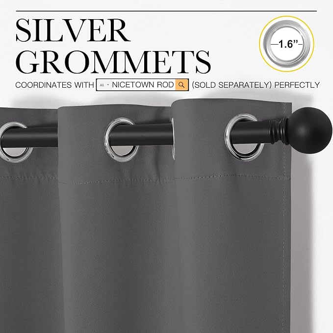 NICETOWN Blackout Curtain Blind for Bedroom, Single Panel, W34 x L72 inches, Grey/Gray, Thermal Insulated Grommet Blackout Room Darkening Drape/Drapery