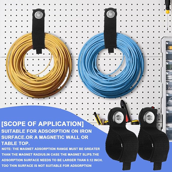 Kanemc 4PCS Extension Cord Holder Organizer Heavy Duty Storage Straps | Easy Hang Reusable Cord Organizer Magnet Hooks for Hanging Cables Hoses Workshop Rope Garden Garage Organization