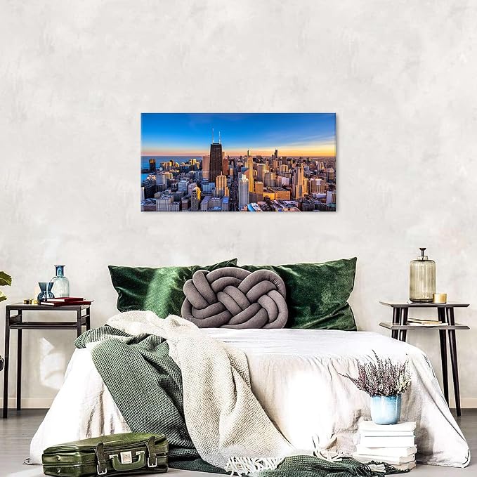AIYISU Sunset Chicago Wall Art USA City Wall Decor Chicago Skyline Picture Center Cityscape Canvas Prints Painting Modern City Skyscraper Poster Artwork for Bedroom Living Room Home Decoration 20x40”