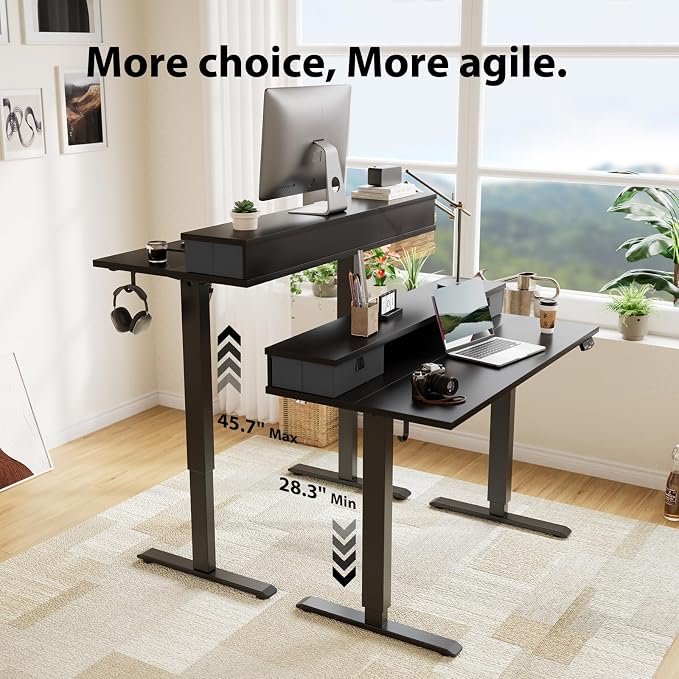 Agilestic 63 x 24 Inches Height Adjustable Electric Standing Desk with 2 Drawers, Stand Up Electric Desk Adjustable Height, Sit Stand Computer Gaming Table with Splice Board, Black