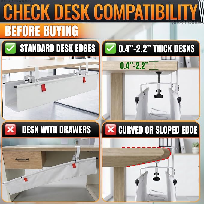 Under Desk Cable Management Tray 36" — No Drill Clamp-On Cord Organizer for Desk with Built-in Ties, Heavy Duty Metal Clamp, Foldable 600D Oxford Fabric for Home Office, WFH & Gaming PC Setup (White)