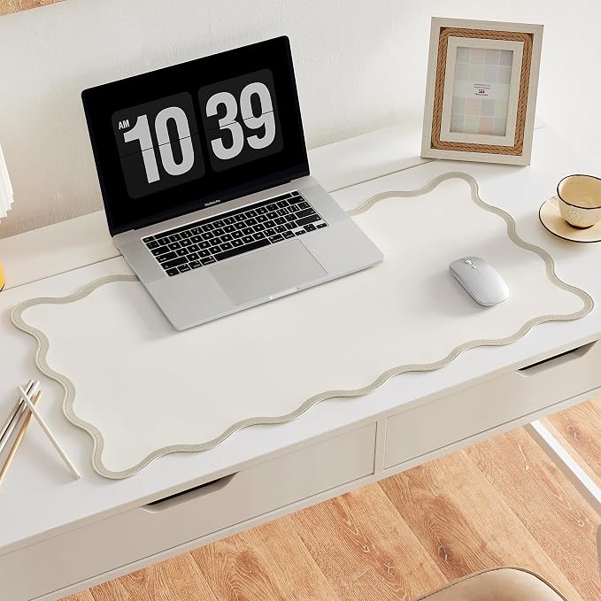 Scalloped Desk Mat, 31.5" x 15.7", PU Leather, Waterproof Anti-Slip, Cute Aesthetic Desk Pad for Office/Home/Game/Vanity (Beige, 31.5" x 15.7")
