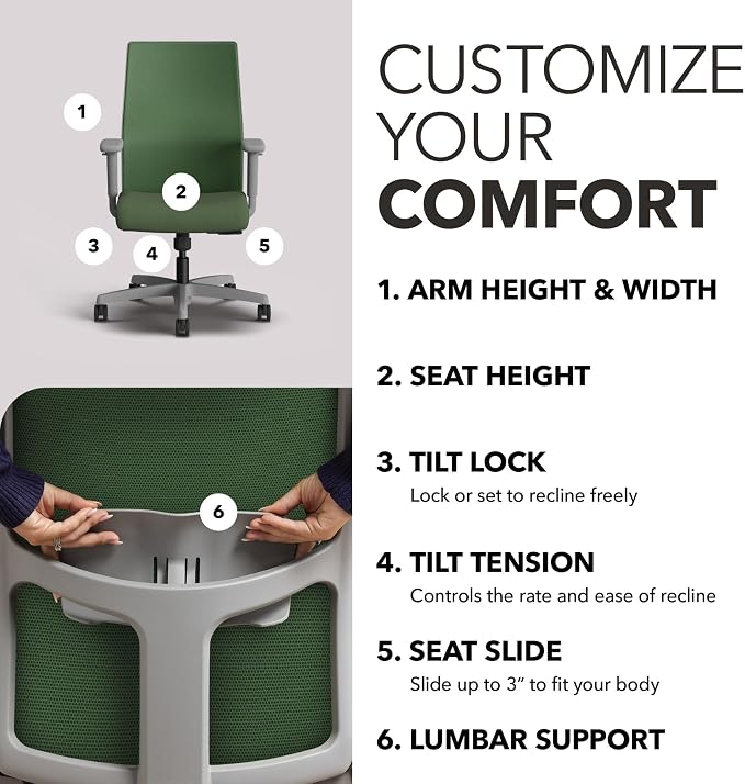 HON Ignition 2.0 Mid Back Task Chair, Spectrum Mesh, Standard Synchro-Tilt Control, Office Chair with Lumbar Support, Height and Width Adjustable Arms, Titanium Frame, Leaf