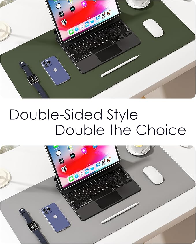 WAYBER Leather Desk Pad Protector, Waterproof Mouse Pad, PU Desk Mat, Office Desk Cover, Desk Writing Mat for Office/Home/Work/Cubicle (Green/Gray) 35.4x17in