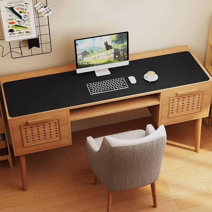 Chihein 71” x 20” Cork & PU Leather Desk Mat (Black) - Huge Mouse Pad, Double Sided Waterproof Desk Pad Protector for Gaming, Office, Home