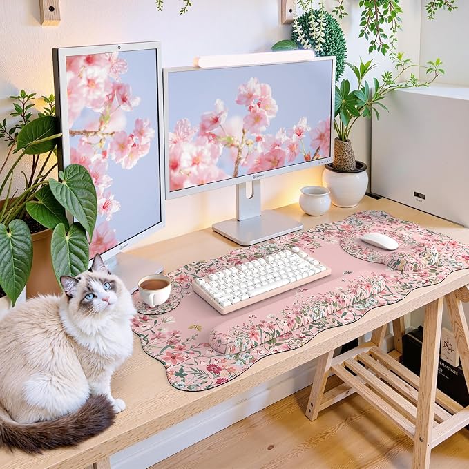 iCasso Desk Mat Set,Large Mouse Pad with Wrist Rest, Back to School Ergonomic Keyboard Wrist Support for Women,Girly Floral Computer Mat with Scalloped Edges,Non-Slip Desk Pad Home Office(Pink)
