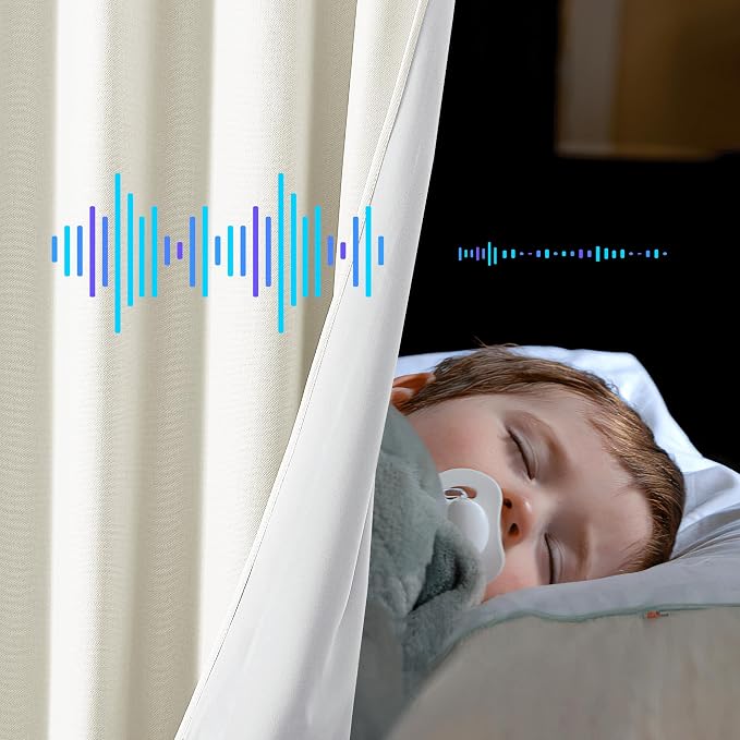 NICETOWN Sound Barrier 100% Blackout Greyish White Faux Linen Curtains 84", Noise, Cold and Heat Blocking Drapes with Felt Fabric Lining for Nursery/Daytime Sleep/Bedroom (2 PCs, 52" Wide)